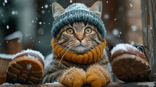 a cat in a winter hat and scarf in the afternoon in winter on the street near the owner's shoes