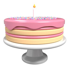 Cute birthday cake 3d rendering. Birthday cake with candle. Cute pink cake with candle and sprinkles. Pink cake and stand