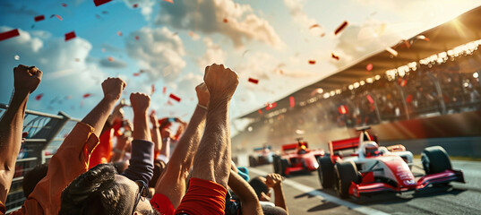 Sports fans lift the spirits. Formula 1 racing cars during competition - obrazy, fototapety, plakaty