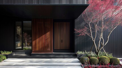 Modern Villa Entrance House Entrance Black Wall, Wood Door 