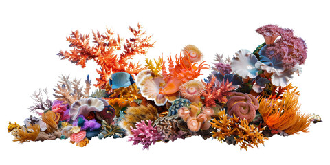 Colorful coral reef with marine flora and fauna, isolated on transparent background
