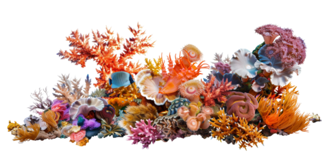 Colorful coral reef with marine flora and fauna, isolated on transparent background