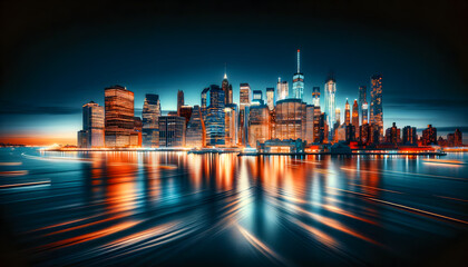 Fototapeta na wymiar New York skyline at dusk through a breathtaking long exposure shot, showcasing the city's iconic skyscrapers illuminated against a deep blue sky