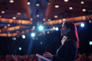 female speaker talking on business conference at convention center