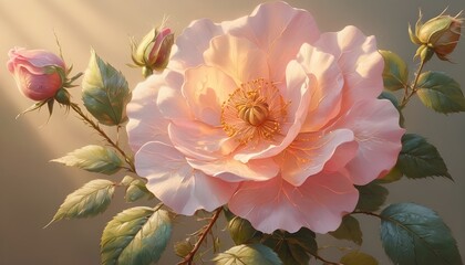Beautiful wild rose in the rays of sunset. Decorative wallpaper.