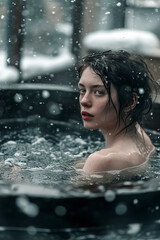 Obraz premium woman enjoying a warm soak in an outdoor hot tub amidst falling snow, ai generative