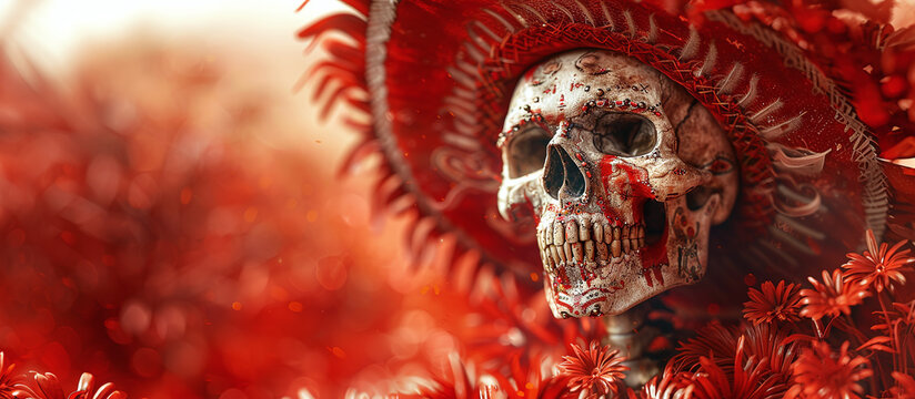 Skeleton wearing a Mexican sombrero, Cinco de Mayo, copy space