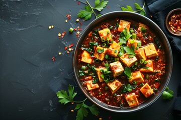 Mapo Tofu on a black background top view Chinese Cuisine. Concept Food Photography, Chinese Cuisine, Mapo Tofu, Top View, Black Background