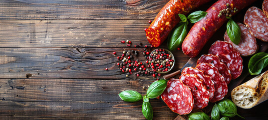 Set of different types of sausages, salami and smoked meats with basil and spices on a wooden background