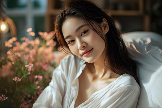 リラックスしているアジア人女性の美容イメージ（スキンケア・ボディケア・エステサロン）, Generative AI