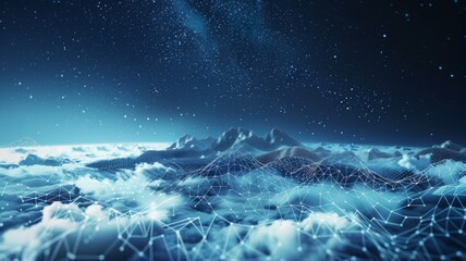 Digital wireframe landscape with starry sky background - A high-tech image of a digital wireframe landscape against a starry night sky, conveying innovation and connection
