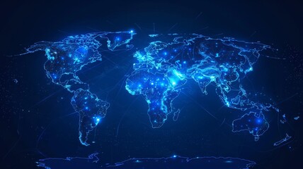 Digitally ed blue world map network - An intricate digital ing of a world map network with glowing connections symbolizing global communication and data