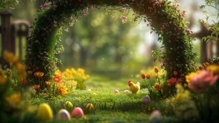 Dreamy Easter archway with eggs and tulips - A festive and dreamlike representation of an Easter setting with colorful eggs and bright tulips adorning an archway