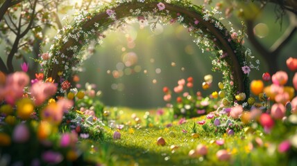 Easter egg hunt under floral arch in meadow - A serene meadow bedecked with a floral arch and Easter eggs scattered on the ground
