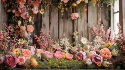 Fototapeta na wymiar Elegant Easter decor with pastel roses - A beautifully arranged Easter setting with pastel roses, delicate daisies, and rustic accents creating a charming scene