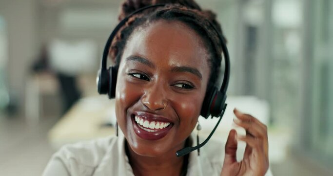 Face, happy and black woman with telemarketing, agent and technical service with headphones. Crm, African person and insurance consultant with headset and customer support with advice and call center