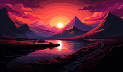 black mountain at sunset, dramatic landscape illustration vector - obrazy, fototapety, plakaty