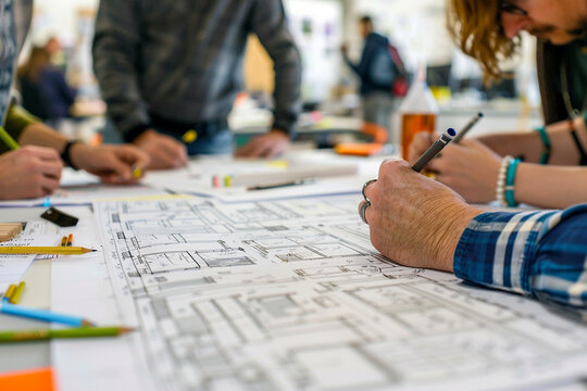 architects and engineers in a design charrette, rapidly sketching and iterating on ideas for their architectural projects, photo