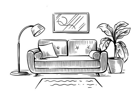 Sofa drawings sketch style. Room interior