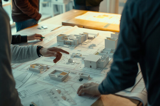 close-up of architects and engineers presenting their architectural plans and designs to a diverse team, fostering collaboration and feedback, photo - Powered by Adobe
