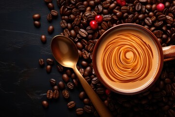 Cup of coffee and spoon in brown background. Copy space of the upper view, generative IA - obrazy, fototapety, plakaty