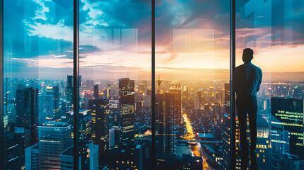 A businessman looking at a city skyline through a window, contemplating business opportunities. - obrazy, fototapety, plakaty