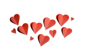 Flying red paper hearts on white background. Valentine's Day. Symbol of love. Copy space. isolated on transparent background.