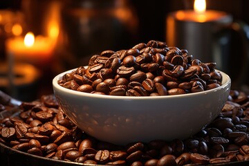 Cup of roasted coffee beans finished in brown background, generative IA