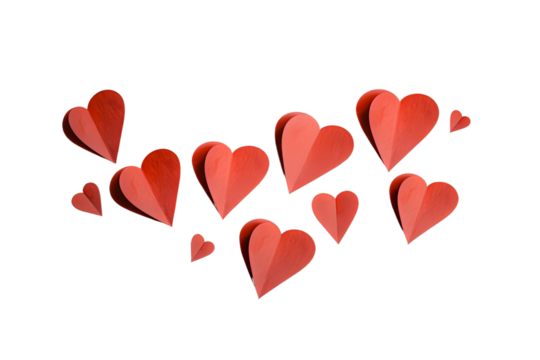 Flying red paper hearts on white background. Valentine's Day. Symbol of love. Copy space. isolated on transparent background.