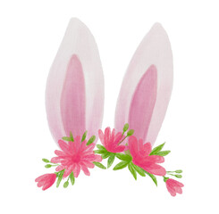 Easter illustration watercolor bunny ears with flower wreath. Pink and white rabbit ears with flowers. Spring cute beautiful floral crown on transparent background.
