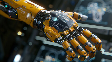 futuristic robotic arm with information hologram, modern AI robotic technology, Artificial Intelligence tech wallpaper, advance robot arm concept