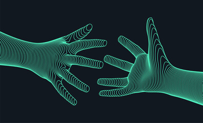 Hands reaching towards each other. The concept of mutual aid. 3D vector illustration. Can be used for advertising, marketing or presentation. - obrazy, fototapety, plakaty