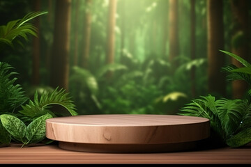 Wooden Podium in Lush Tropical Forest, Showcase Your Product in Paradise