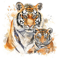 Obraz premium Watercolor cartoon illustration of a regal tiger and her cub, isolated on a white background