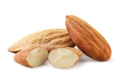 Almonds in peel, kernel and halves close-up on a white background.