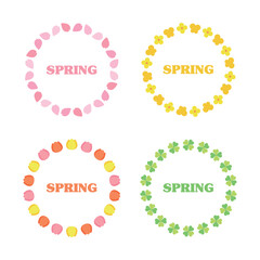 Spring season concept circular border frame illustration set. Flowers, cherry blossoms, butterflies, tulips, forsythia, rape flowers, clover, petals.