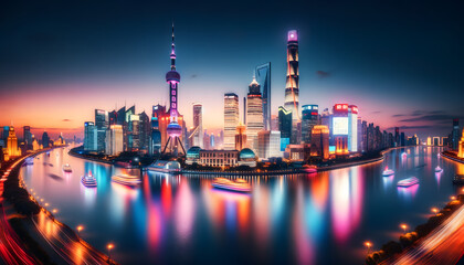 Shanghai skyline at dusk, reveals the city's shimmering lights reflecting on the Huangpu River, creating a mesmerizing blend of urban architecture and luminous water - obrazy, fototapety, plakaty