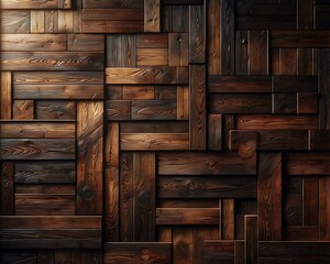 Intricate wooden wall pattern featuring various shades of brown and textures, displaying an artistic herringbone design.