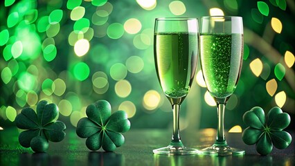 Two glasses of champagne with clover leaves on bokeh background, St. Patrick's Day celebration. - obrazy, fototapety, plakaty