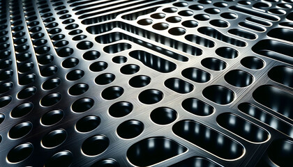Obraz premium Close-up of a metal surface with a repetitive pattern of circular holes creating a modern, industrial texture.