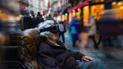 Elderly woman granny wearing VR headset sitting on couch on the street with long exposure people walking