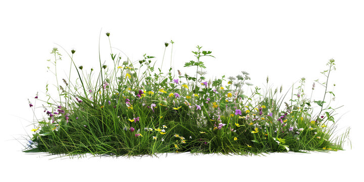 a bush made with grass and wildflowers isolated on transparent background