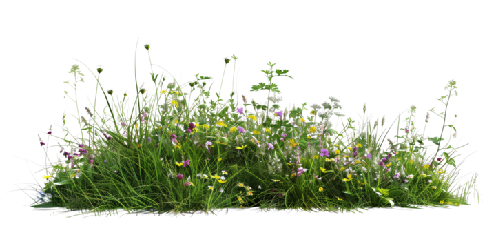 a bush made with grass and wildflowers isolated on transparent background
