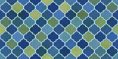 Moroccan Seamless Pattern. Arabic Mosaic Watercolor Ornament. Eid Mubarak Muslim Background. Ramadan Kareem Islamic Illustration. Turkish Mosque Window Shape.