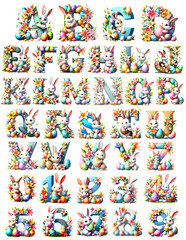 Fototapeta na wymiar 36 PNG alphabet clipart set, Easter eggs cute easter bunny letters, illustrations Planner elements for Commercial use