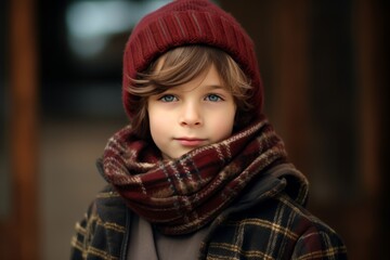 Outdoor portrait of a cute little boy wearing a warm hat and scarf
