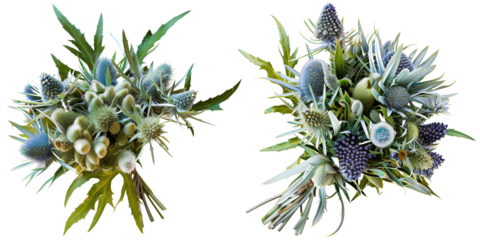 set of bouquet made with Sea Holly flowers, isolated on transparent background