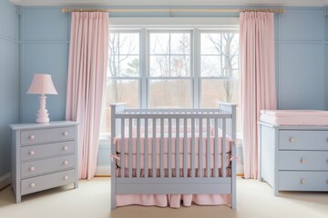 Minimalist baby room decor with white furniture, pink curtains, and pastel shades for nursery design