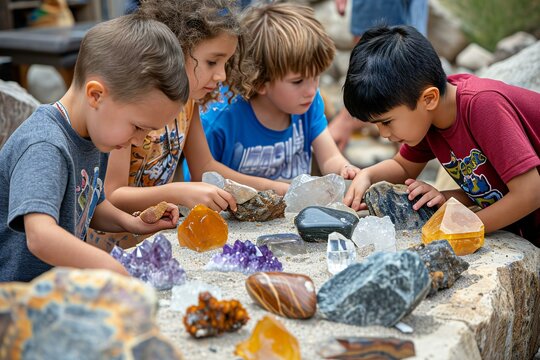Children Engaging in Educational Gemstone Activity