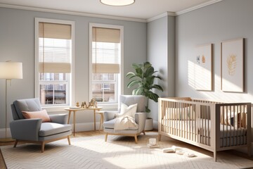 Minimalist room with white furniture and relaxing and baby crib - obrazy, fototapety, plakaty
